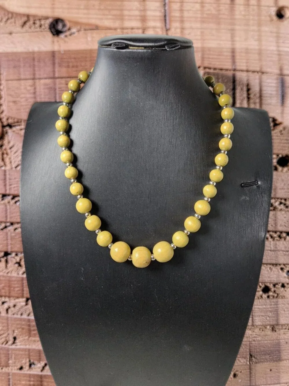 vintage polished olive wooden and silver metal beaded single row necklace